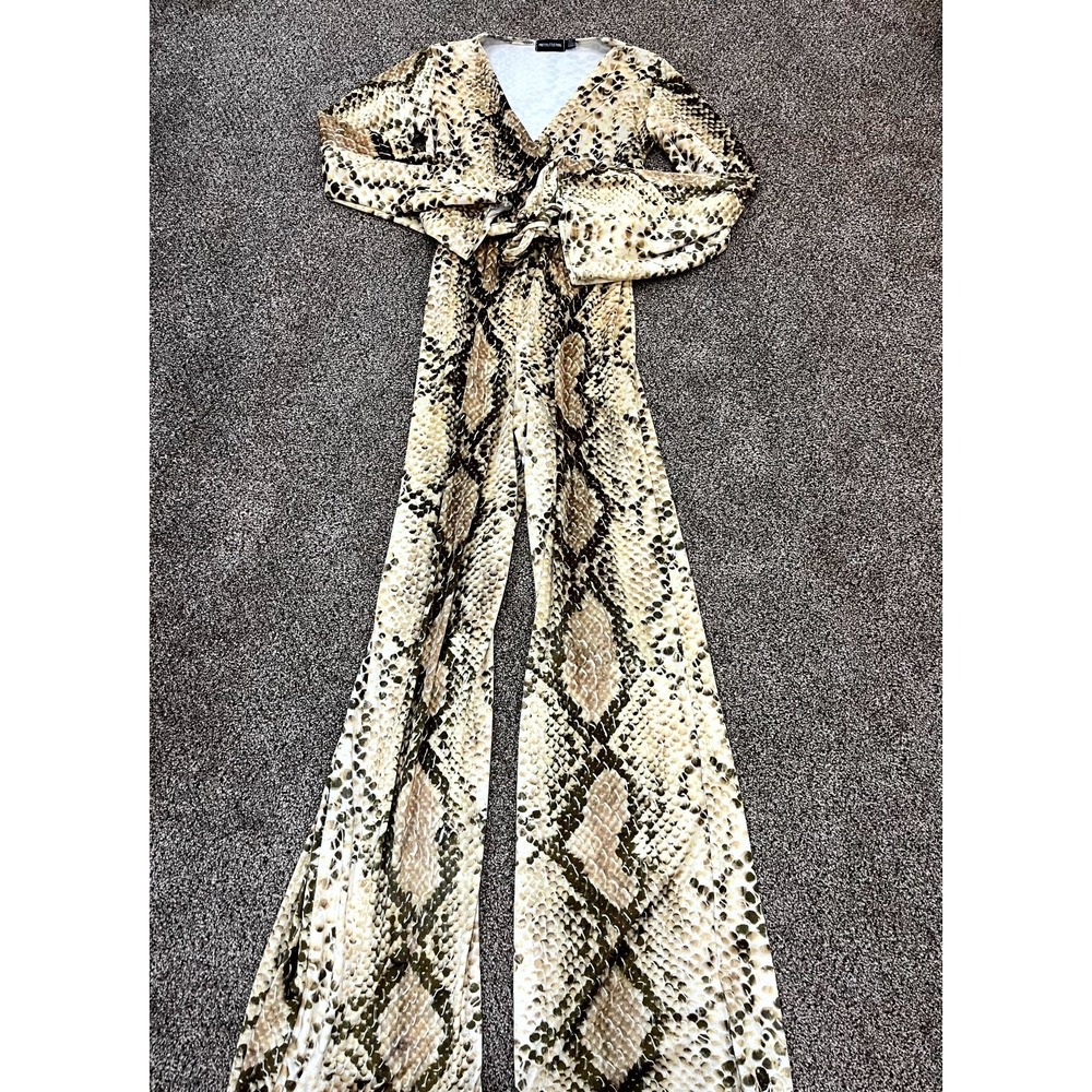 PrettyLittleThing Jumpsuit Womens 2 Brown Wide Leg Wrap Front V Neck Snake Print